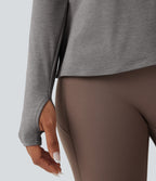 Backless Long Sleeve Thumb Hole Yoga Sports Top — Mottled Earth Gray — view 5