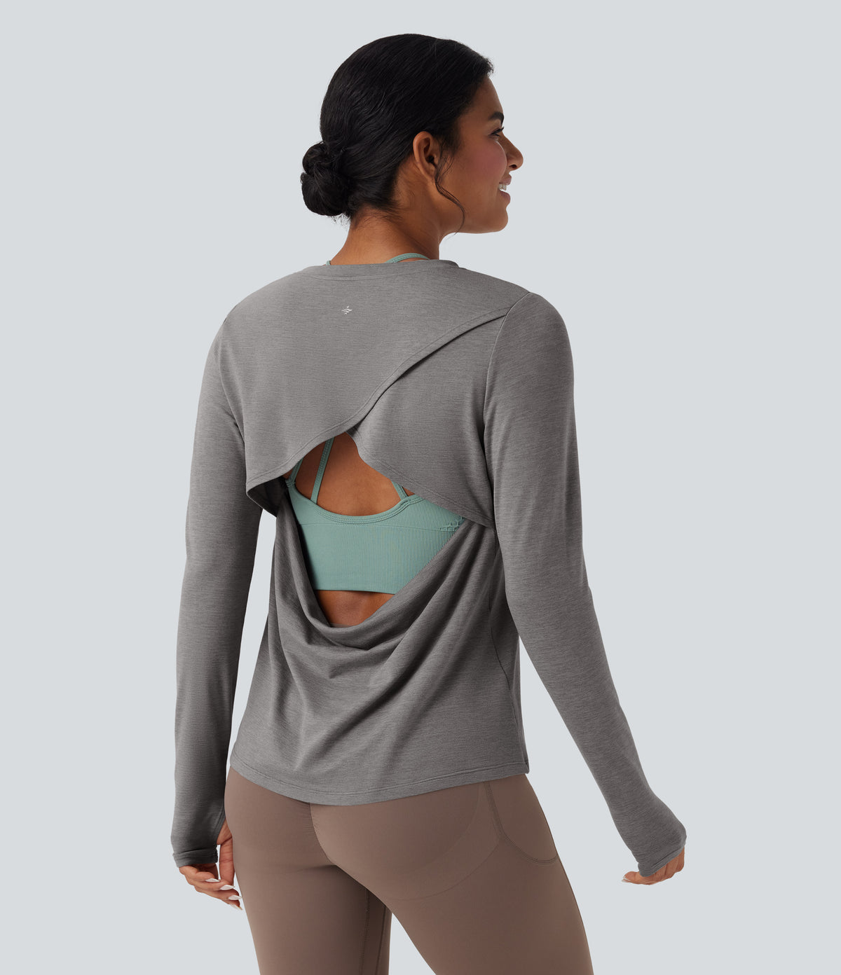 Backless Long Sleeve Thumb Hole Yoga Sports Top — Mottled Earth Gray — view 6