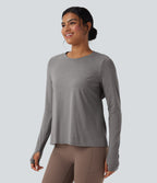 Backless Long Sleeve Thumb Hole Yoga Sports Top — Mottled Earth Gray — view 3
