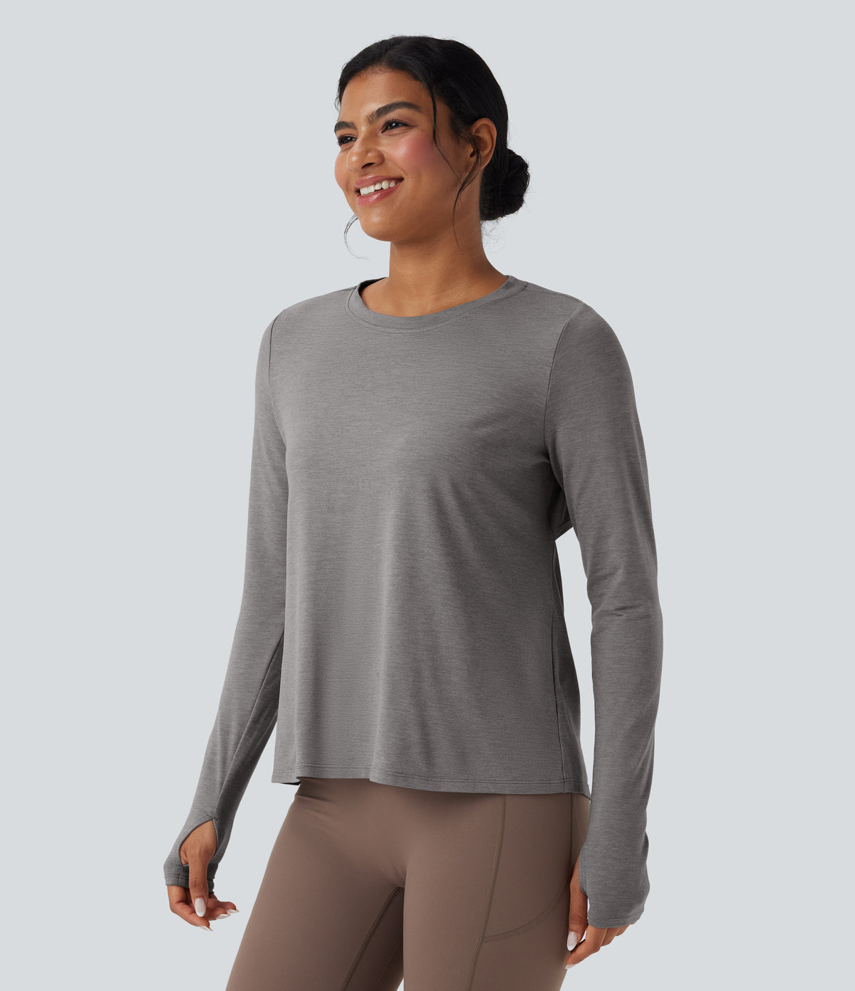 Backless Long Sleeve Thumb Hole Yoga Sports Top — Mottled Earth Gray — view 3