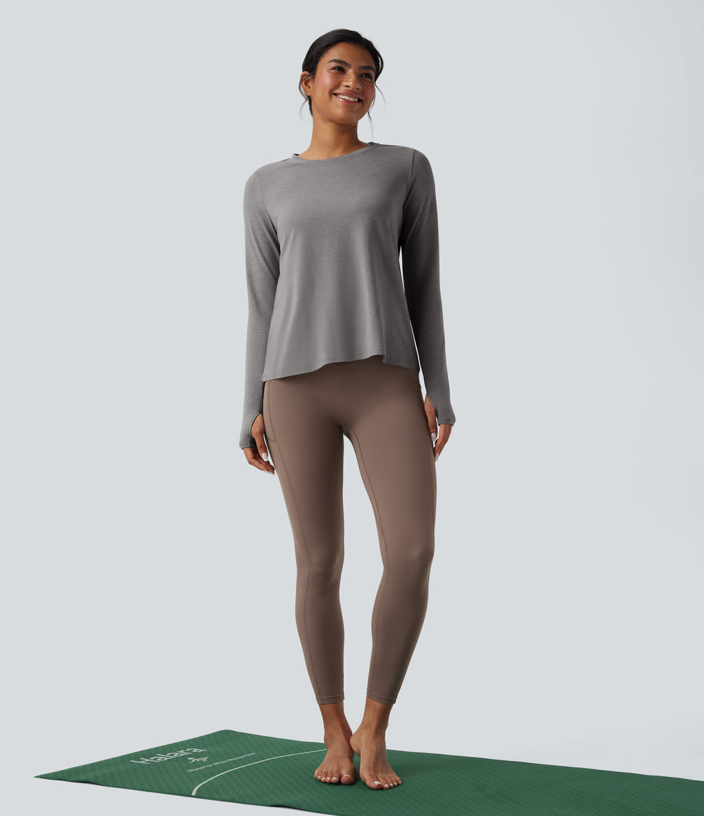 Backless Long Sleeve Thumb Hole Yoga Sports Top — Mottled Earth Gray — view 8