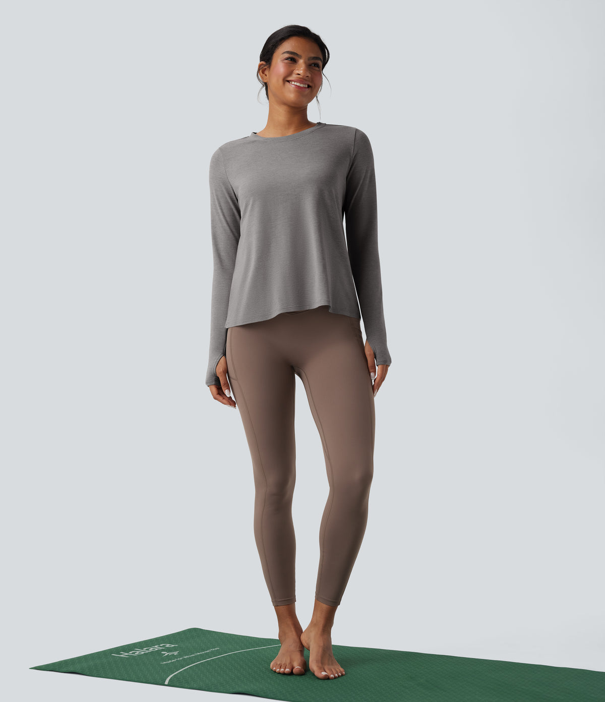 Backless Long Sleeve Thumb Hole Yoga Sports Top — Mottled Earth Gray — view 8
