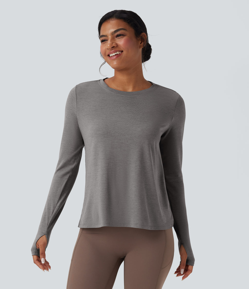 Backless Long Sleeve Thumb Hole Yoga Sports Top — Mottled Earth Gray — view 2