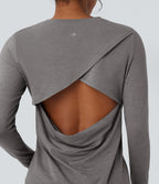 Backless Long Sleeve Thumb Hole Yoga Sports Top — Mottled Earth Gray — view 4