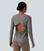 Backless Long Sleeve Thumb Hole Yoga Sports Top — Mottled Earth Gray — view 1