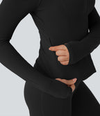 Stand Collar Long Sleeve Thumb Hole Yoga Curvy Jacket with Pockets — Black — view 4
