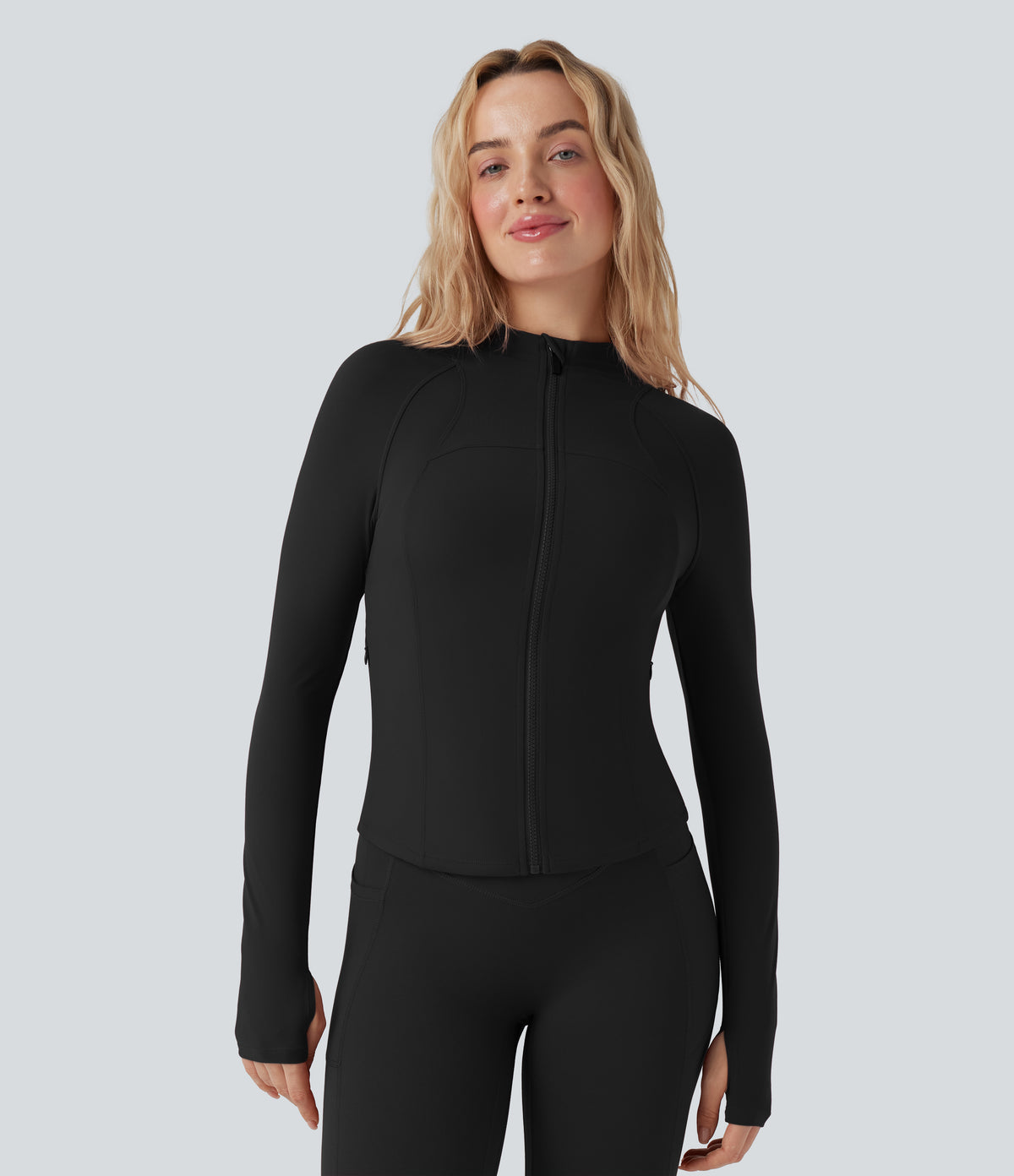 Stand Collar Long Sleeve Thumb Hole Yoga Curvy Jacket with Pockets — Black — view 3