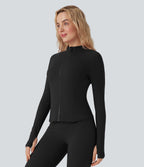 Stand Collar Long Sleeve Thumb Hole Yoga Curvy Jacket with Pockets — Black — view 1