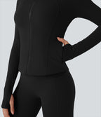 Stand Collar Long Sleeve Thumb Hole Yoga Curvy Jacket with Pockets — Black — view 5