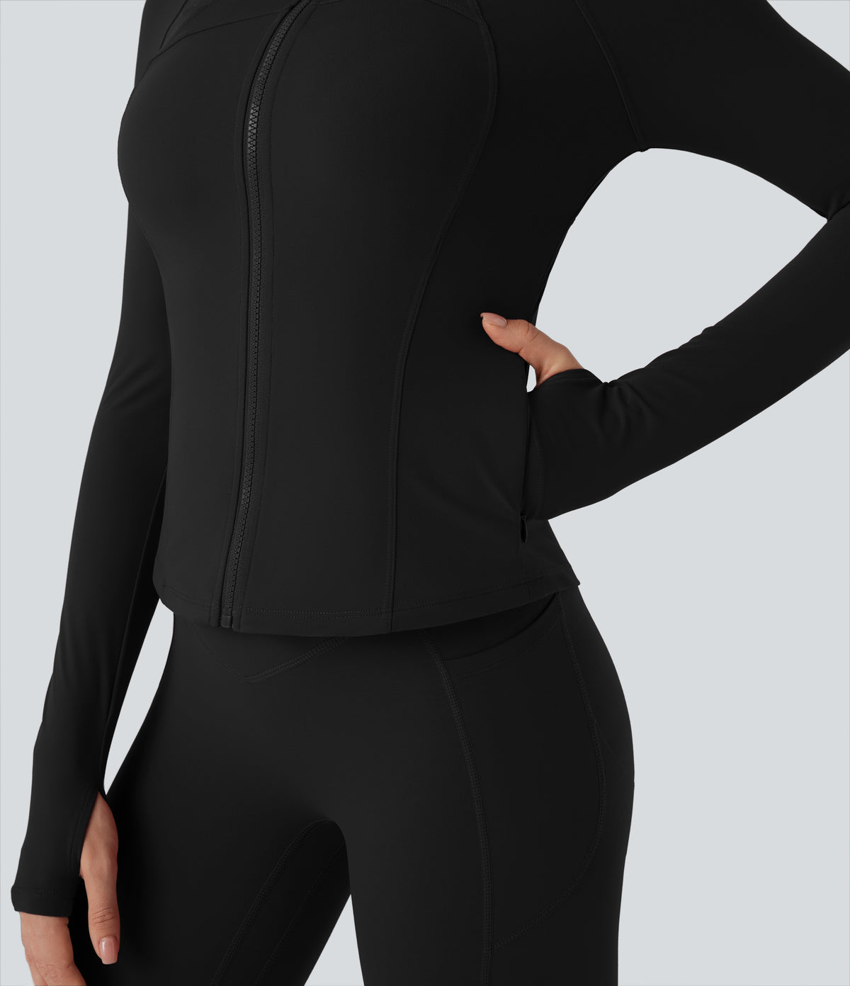 Stand Collar Long Sleeve Thumb Hole Yoga Curvy Jacket with Pockets — Black — view 5
