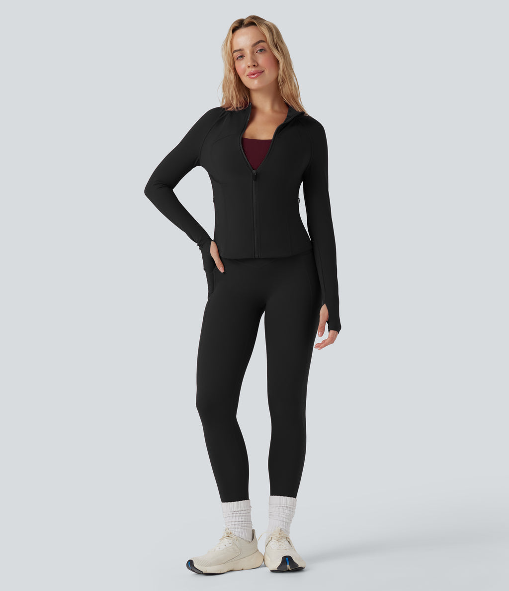 Stand Collar Long Sleeve Thumb Hole Yoga Curvy Jacket with Pockets — Black — view 8