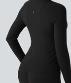 Stand Collar Long Sleeve Thumb Hole Yoga Curvy Jacket with Pockets — Black — view 6