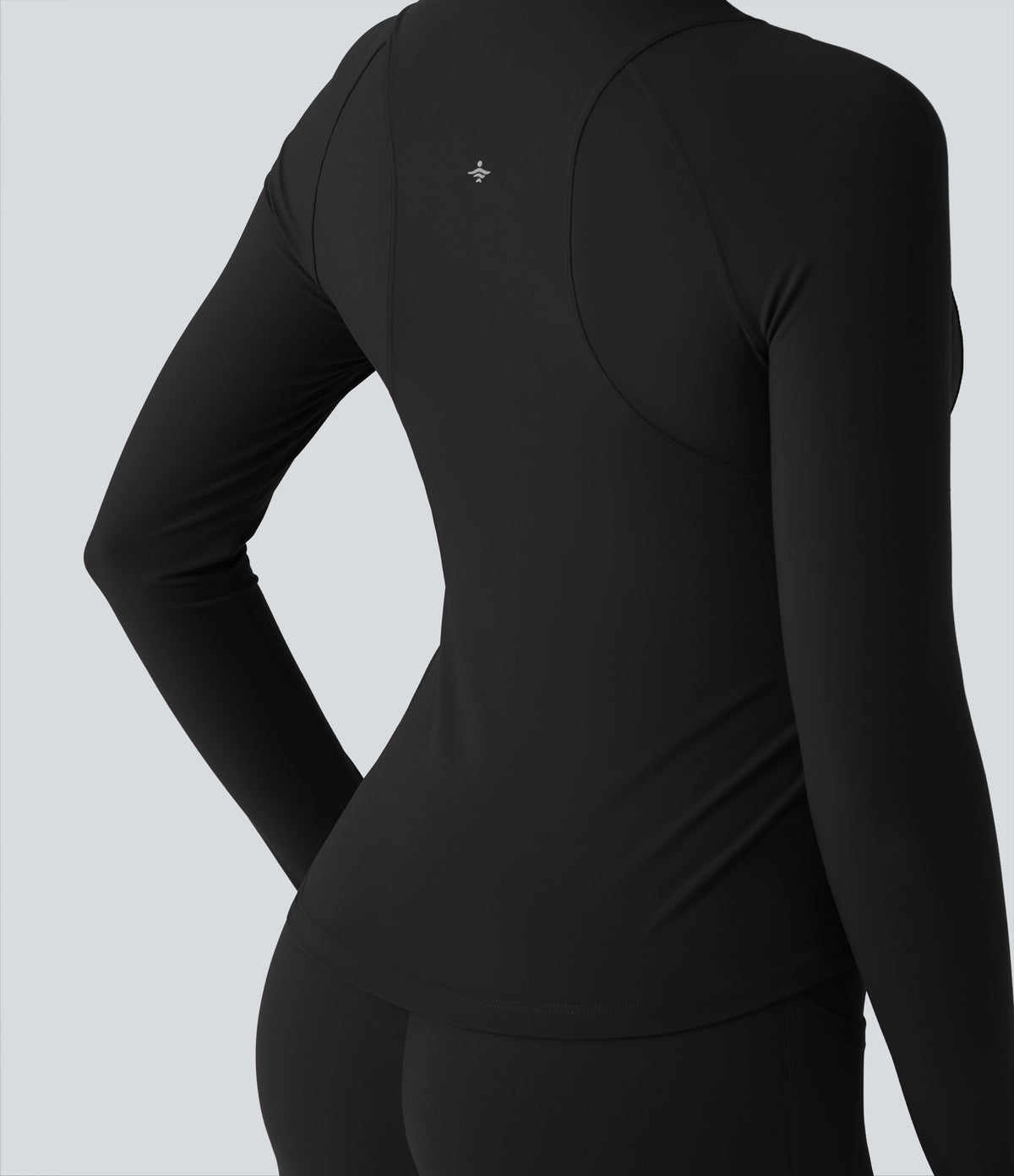 Stand Collar Long Sleeve Thumb Hole Yoga Curvy Jacket with Pockets — Black — view 6