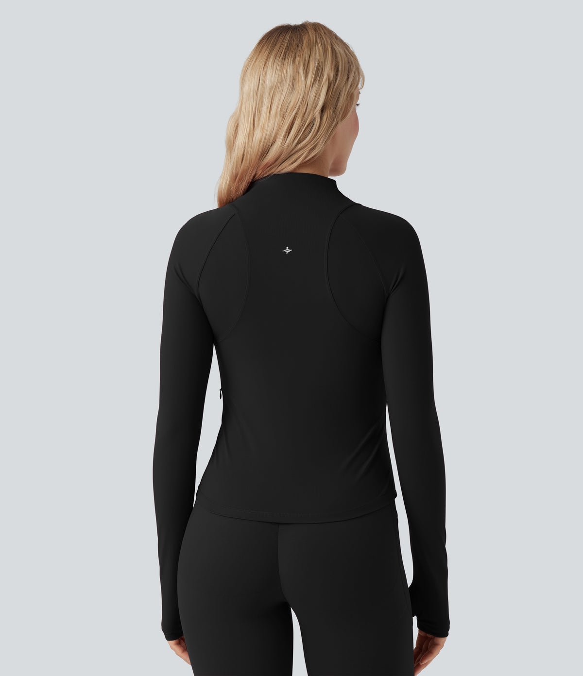 Stand Collar Long Sleeve Thumb Hole Yoga Curvy Jacket with Pockets — Black — view 2