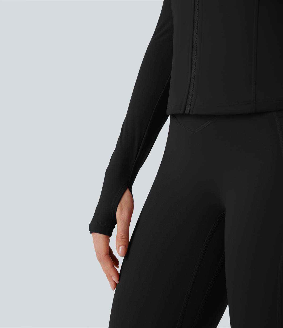 Stand Collar Long Sleeve Thumb Hole Yoga Curvy Jacket with Pockets — Black — view 7