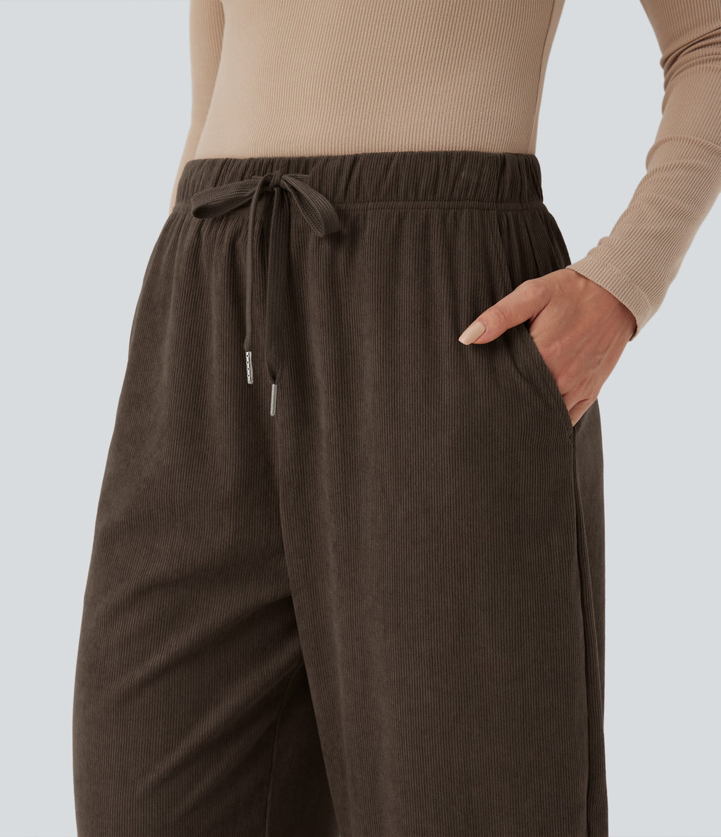 Mid Rise Drawstring Barrel Leg Corduroy Casual Trousers with Pockets — Demitasse — view 5