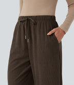 Mid Rise Drawstring Barrel Leg Corduroy Casual Trousers with Pockets — Demitasse — view 5