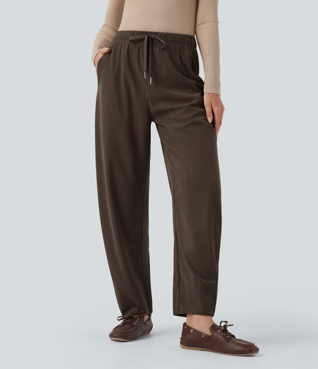 Mid Rise Drawstring Barrel Leg Corduroy Casual Trousers with Pockets — Demitasse — view 2