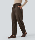 Mid Rise Drawstring Barrel Leg Corduroy Casual Trousers with Pockets — Demitasse — view 1