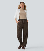 Mid Rise Drawstring Barrel Leg Corduroy Casual Trousers with Pockets — Demitasse — view 6