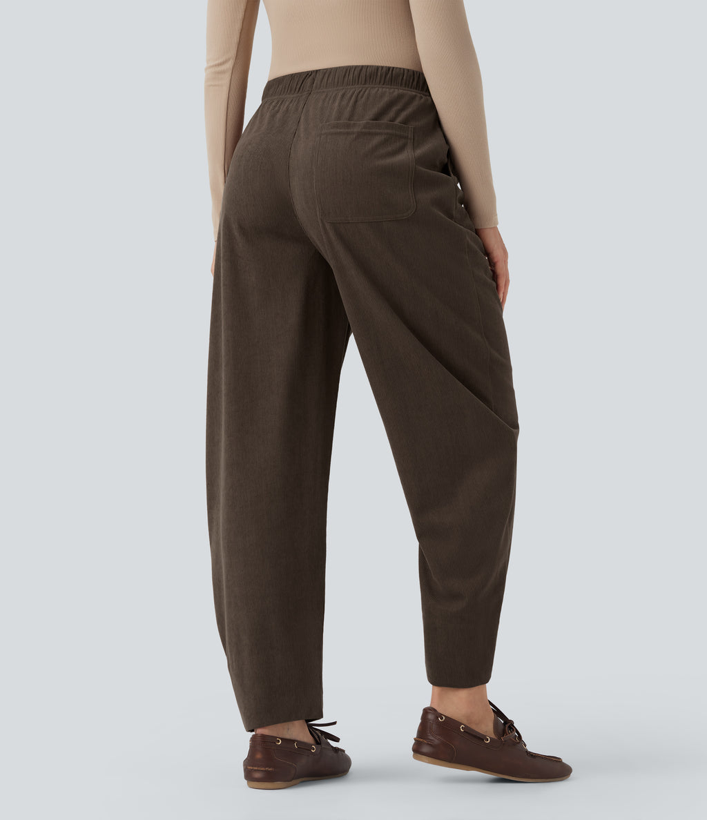 Mid Rise Drawstring Barrel Leg Corduroy Casual Trousers with Pockets — Demitasse — view 3