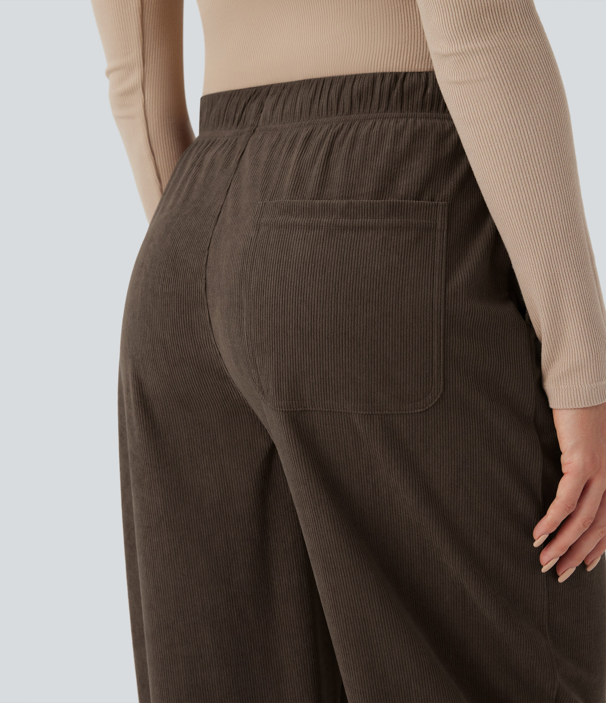 Mid Rise Drawstring Barrel Leg Corduroy Casual Trousers with Pockets — Demitasse — view 4