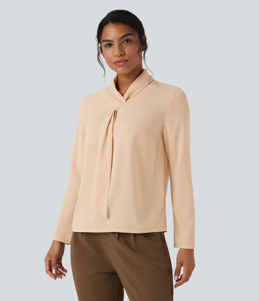Wrinkle Recovery Scarf Neck Long Sleeve Work Shirt — Gray Sand — view 5