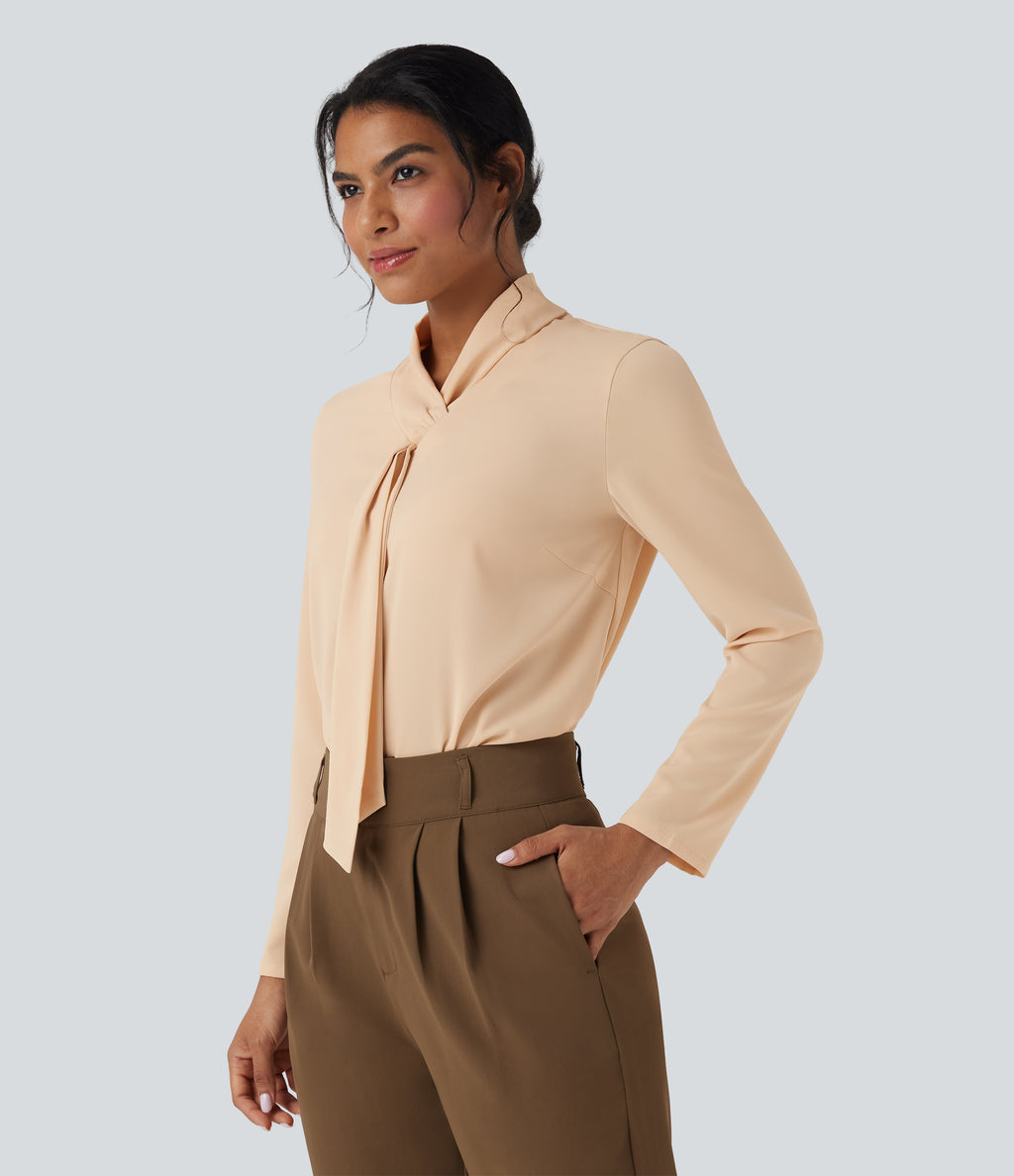 Wrinkle Recovery Scarf Neck Long Sleeve Work Shirt — Gray Sand — view 3
