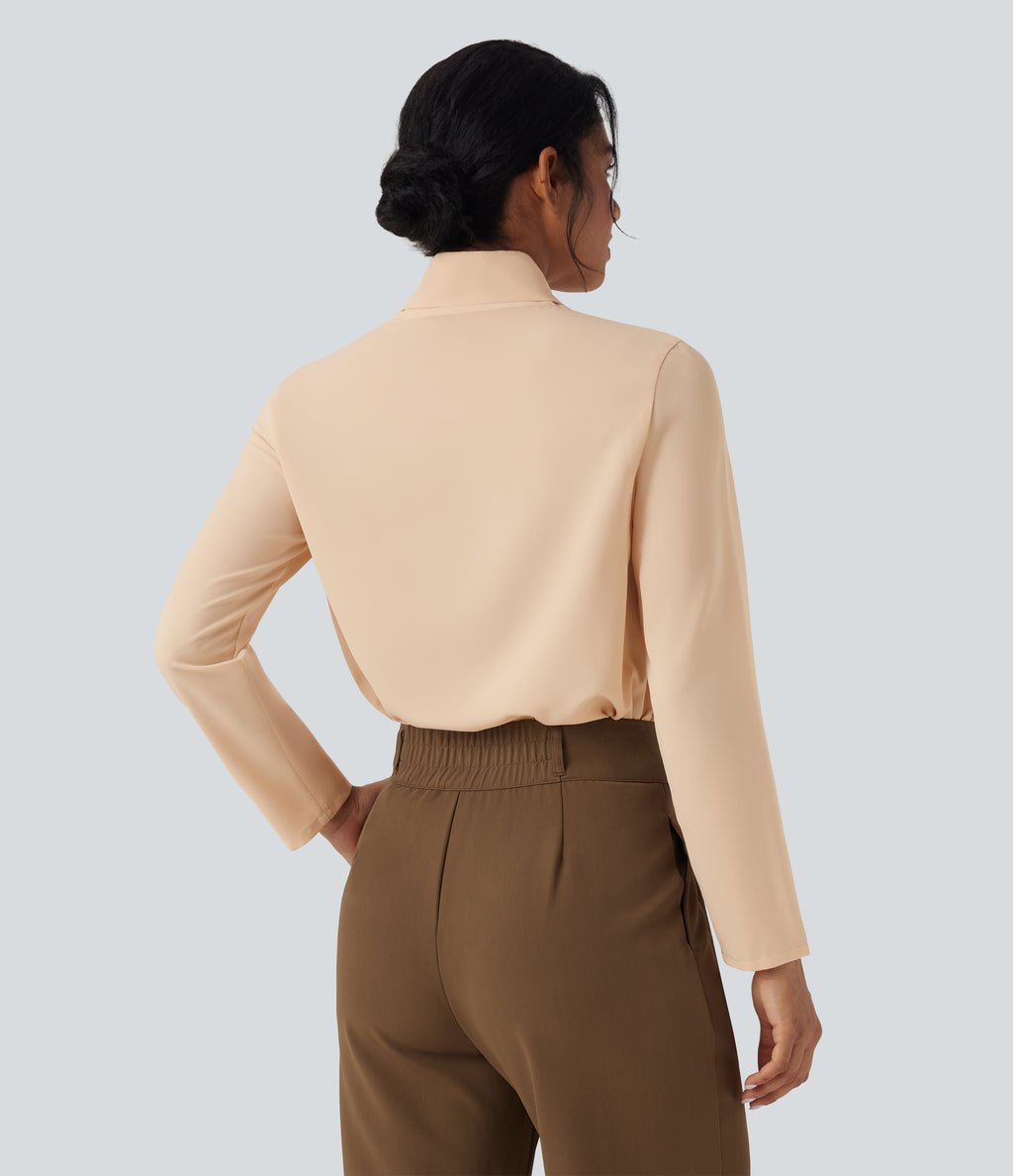 Wrinkle Recovery Scarf Neck Long Sleeve Work Shirt — Gray Sand — view 2