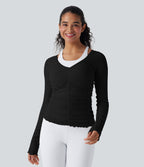 OneForm Seamless Flow Lettuce Trim Ruched Yoga Sports Top — Black — view 7
