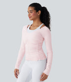 OneForm Seamless Flow Lettuce Trim Ruched Yoga Sports Top — Raindrops on Roses — view 4