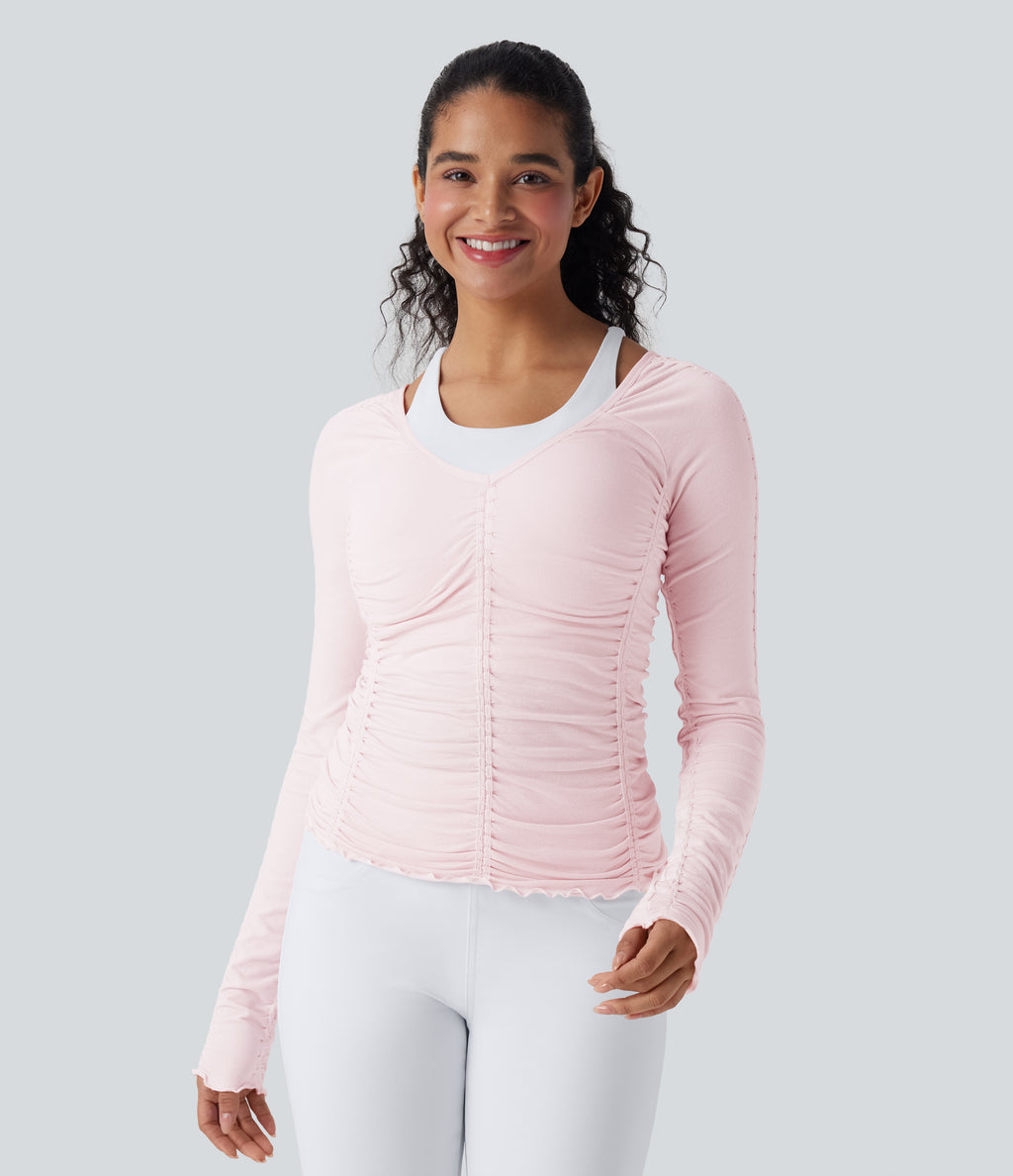 OneForm Seamless Flow Lettuce Trim Ruched Yoga Sports Top — Raindrops on Roses — view 2