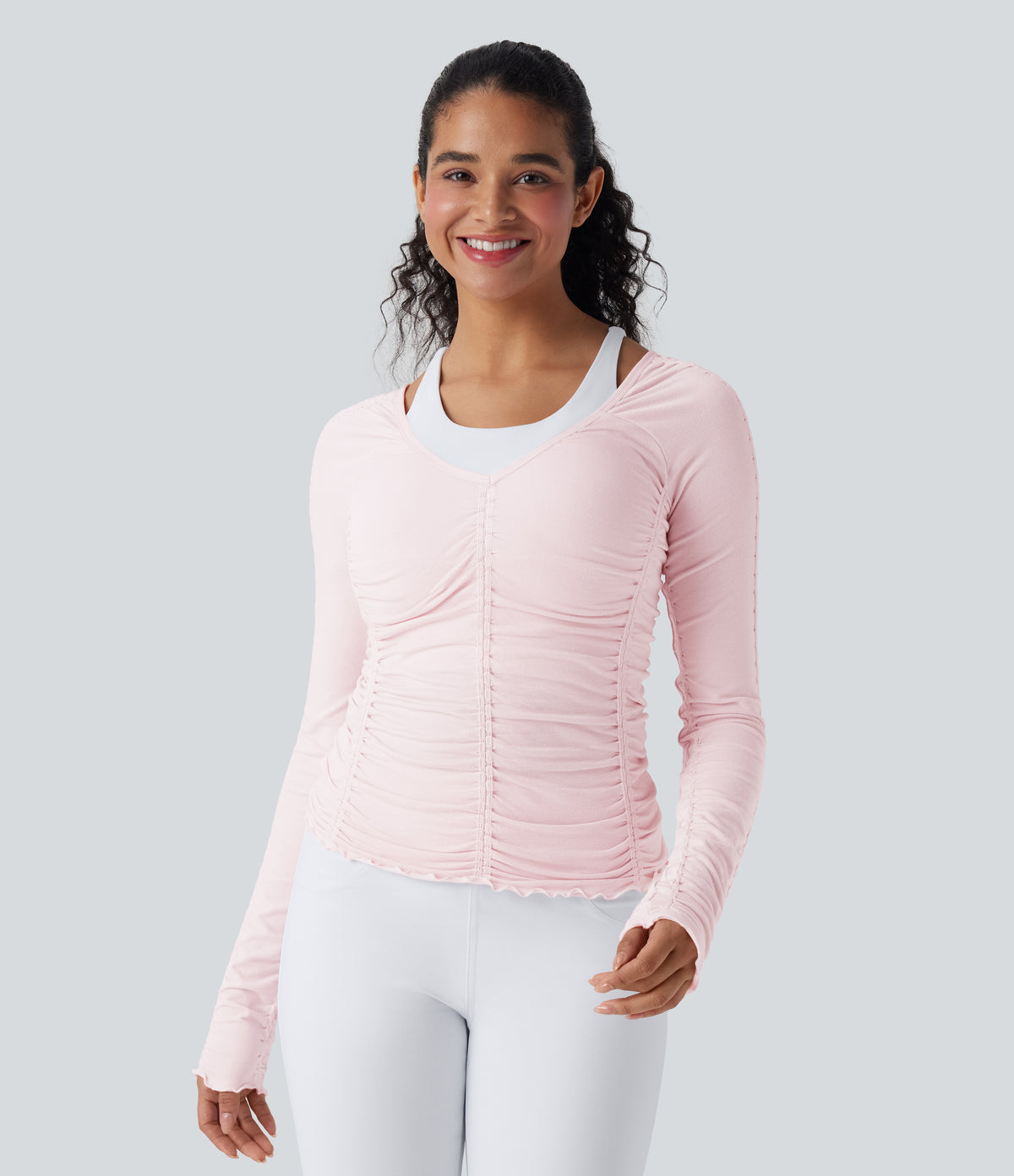 OneForm Seamless Flow Lettuce Trim Ruched Yoga Sports Top — Raindrops on Roses — view 2