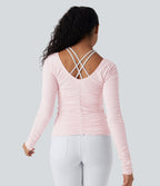 OneForm Seamless Flow Lettuce Trim Ruched Yoga Sports Top — Raindrops on Roses — view 3