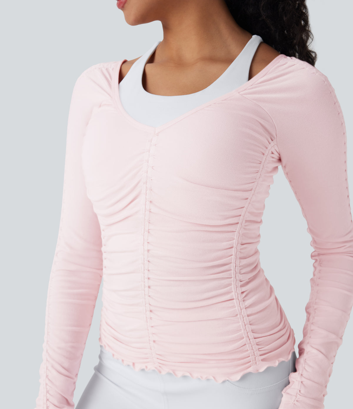 OneForm Seamless Flow Lettuce Trim Ruched Yoga Sports Top — Raindrops on Roses — view 5