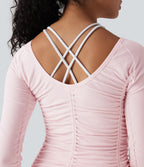 OneForm Seamless Flow Lettuce Trim Ruched Yoga Sports Top — Raindrops on Roses — view 6