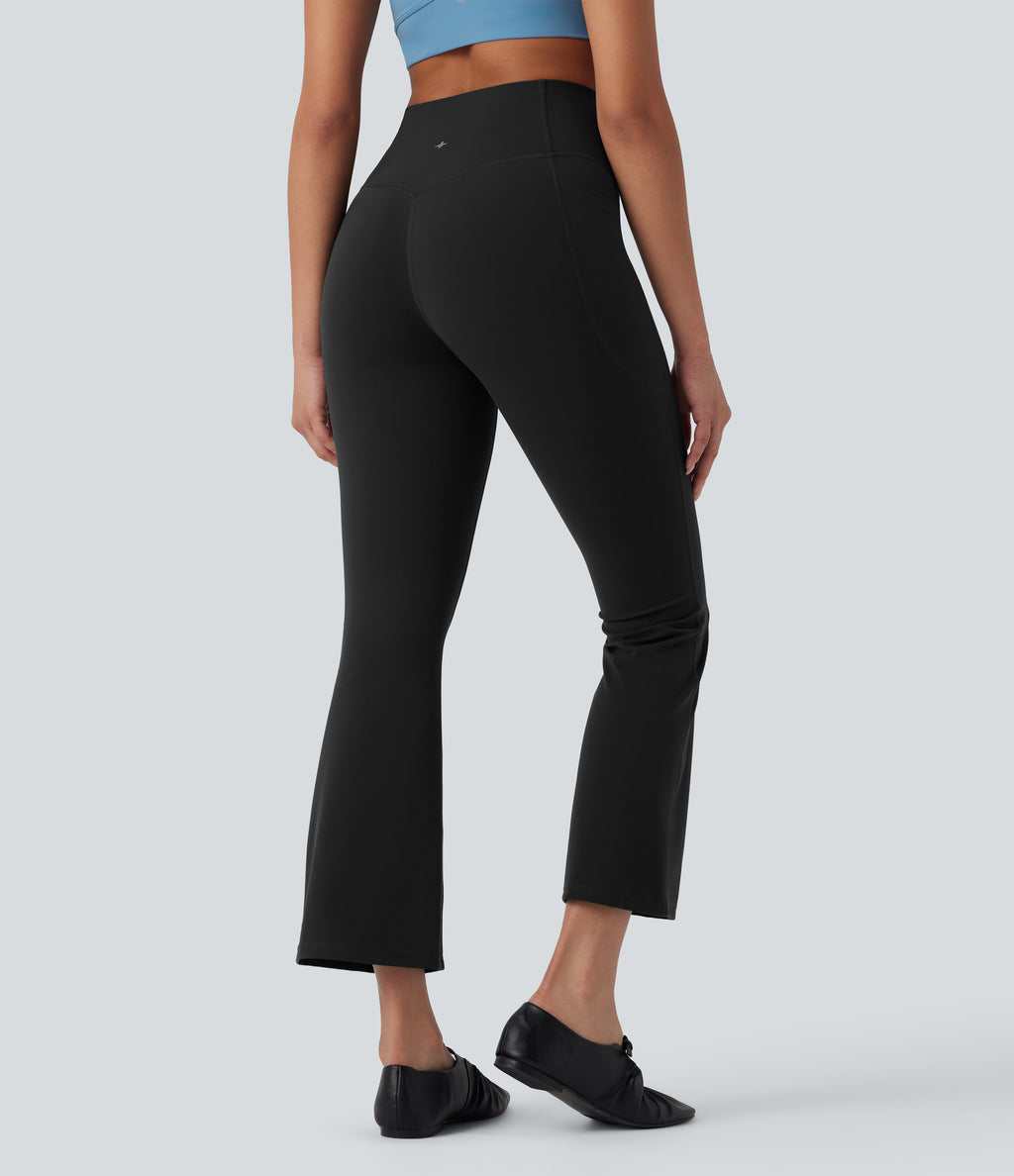 High Waisted Tummy Control Shaping Yoga Bootcut 7/8 Leggings with Pockets — Black — view 2
