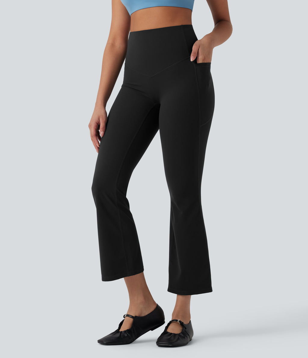High Waisted Tummy Control Shaping Yoga Bootcut 7/8 Leggings with Pockets — Black — view 3
