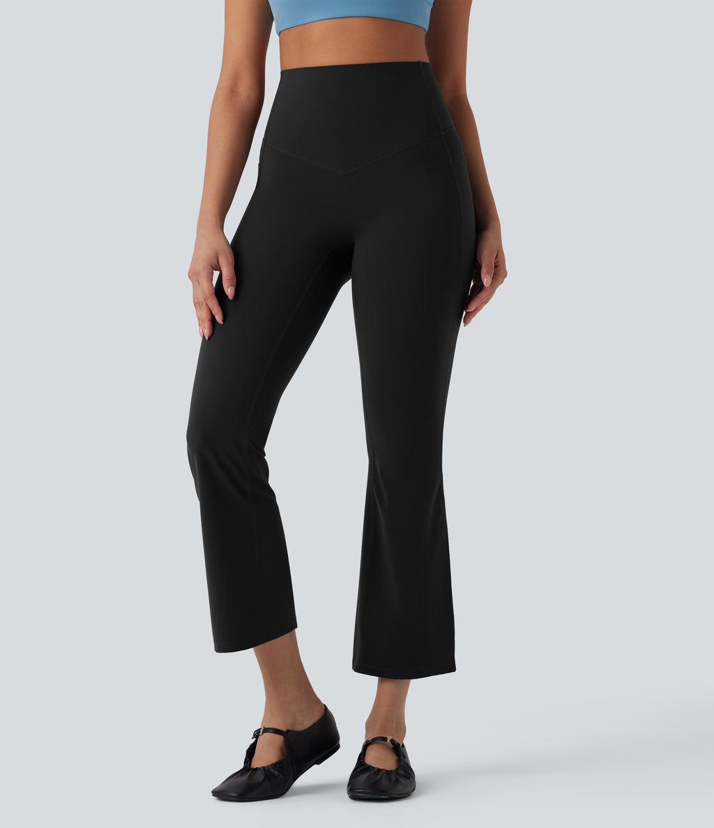 High Waisted Tummy Control Shaping Yoga Bootcut 7/8 Leggings with Pockets — Black — view 1