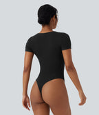 Ribbed Knit V-neck Short Sleeve Work Bodysuit — Black — view 2