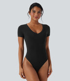 Ribbed Knit V-neck Short Sleeve Work Bodysuit — Black — view 1