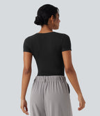 Ribbed Knit V-neck Short Sleeve Work Bodysuit — Black — view 4