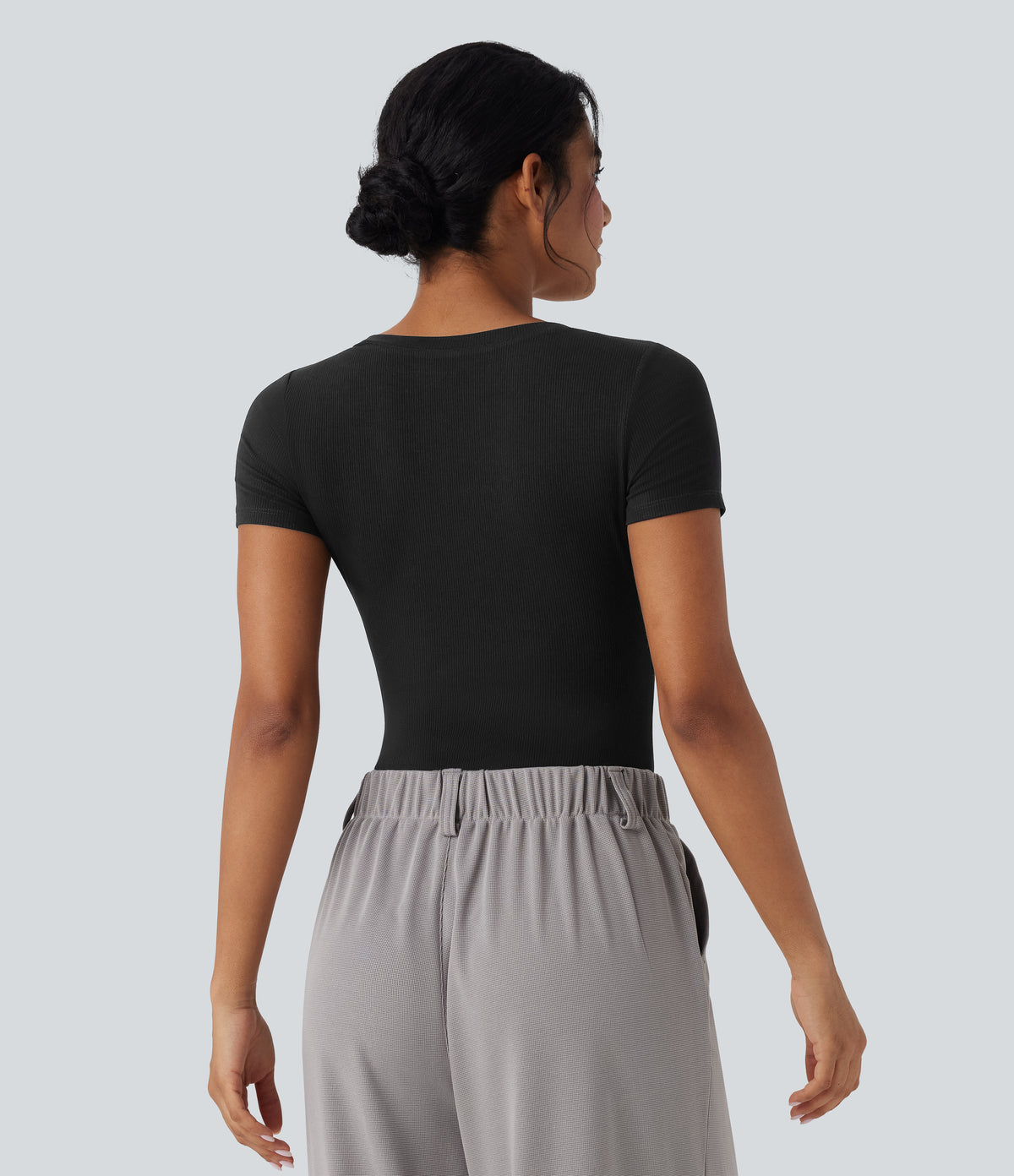 Ribbed Knit V-neck Short Sleeve Work Bodysuit — Black — view 4