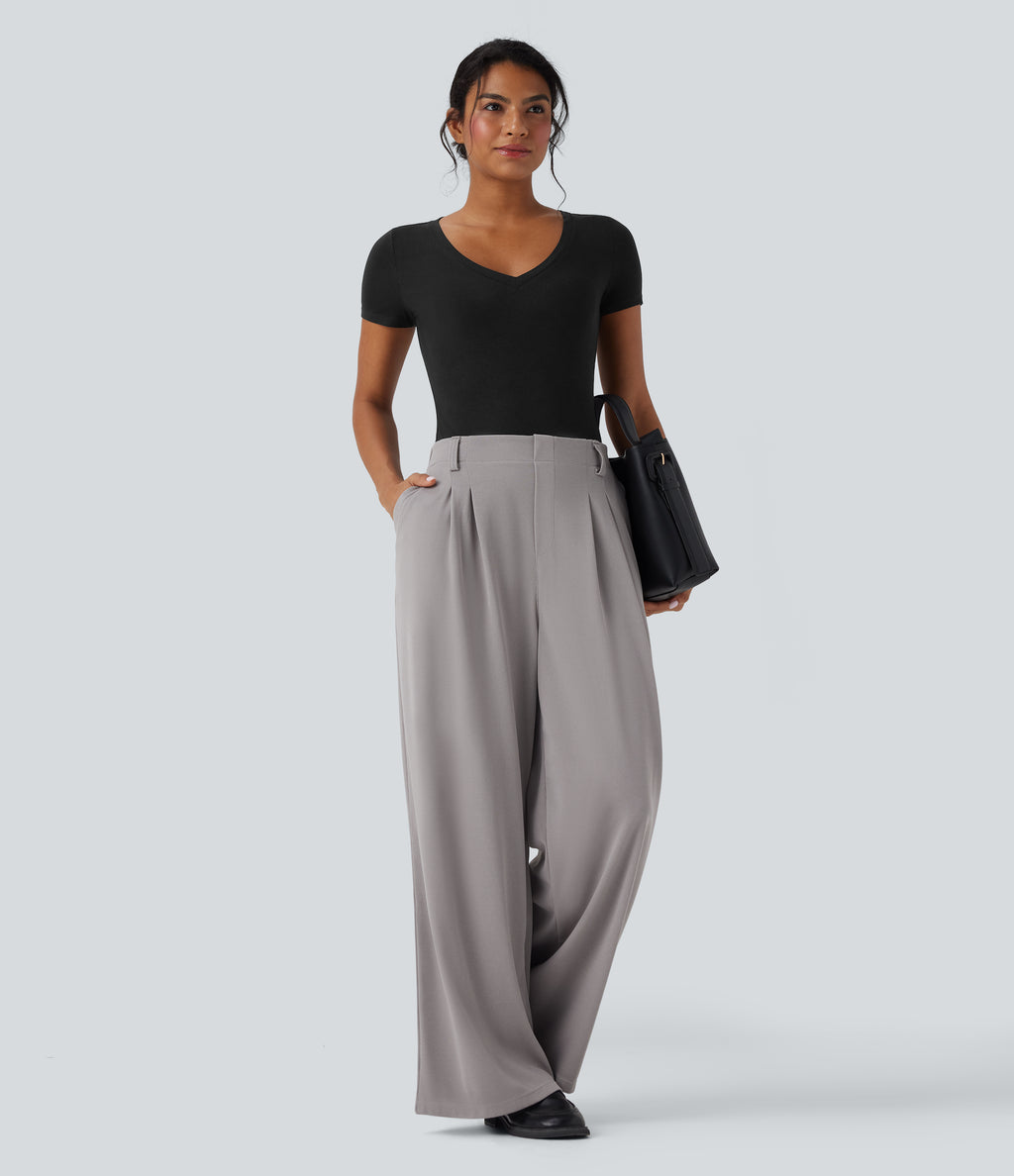 Ribbed Knit V-neck Short Sleeve Work Bodysuit — Black — view 7