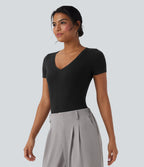 Ribbed Knit V-neck Short Sleeve Work Bodysuit — Black — view 5