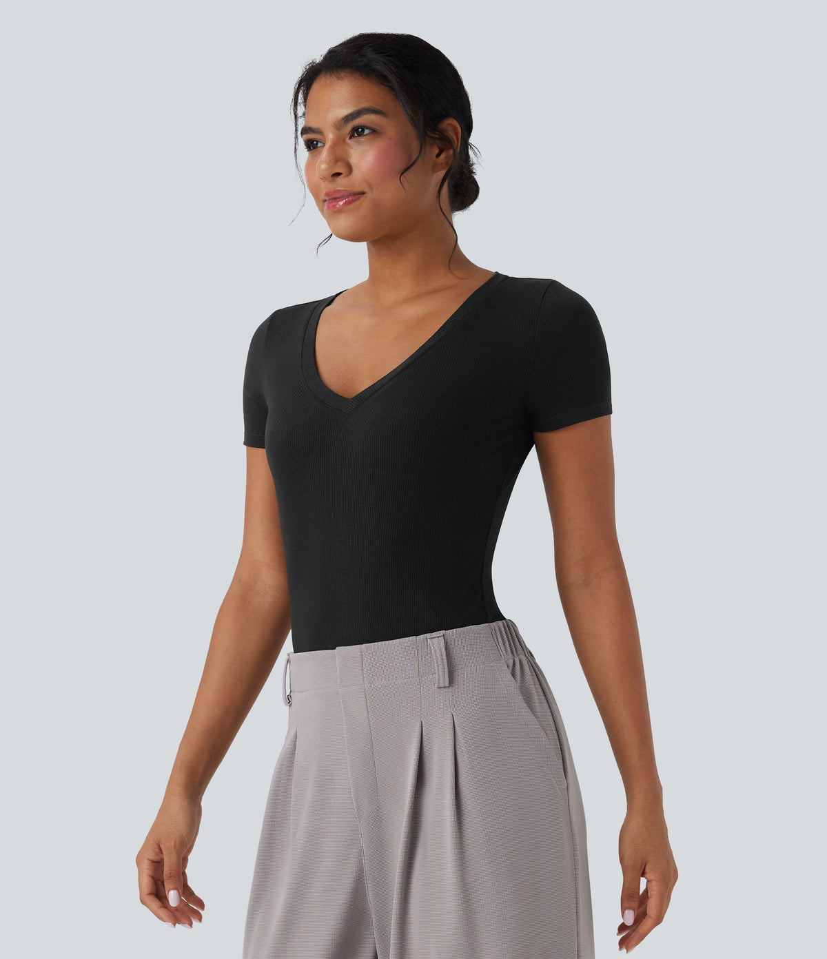 Ribbed Knit V-neck Short Sleeve Work Bodysuit — Black — view 5