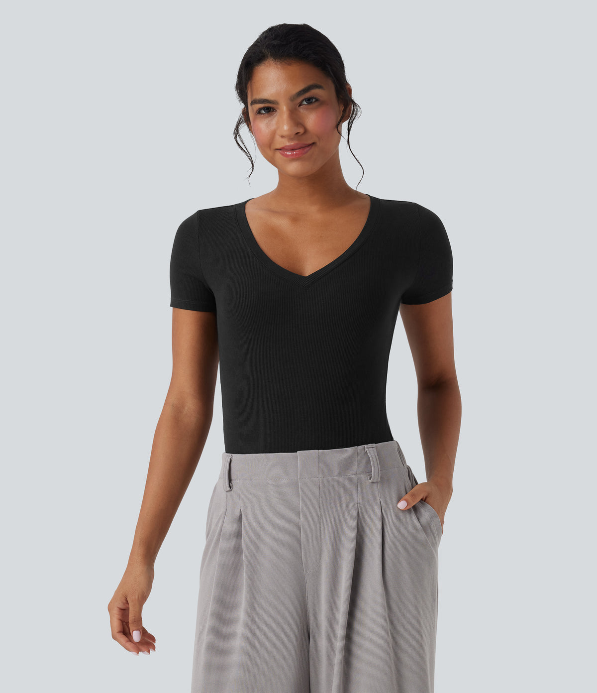 Ribbed Knit V-neck Short Sleeve Work Bodysuit — Black — view 3
