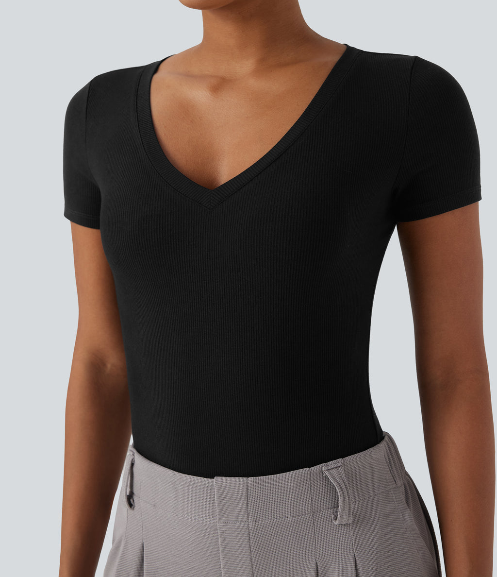 Ribbed Knit V-neck Short Sleeve Work Bodysuit — Black — view 6