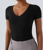 Ribbed Knit V-neck Short Sleeve Work Bodysuit — Black — view 6