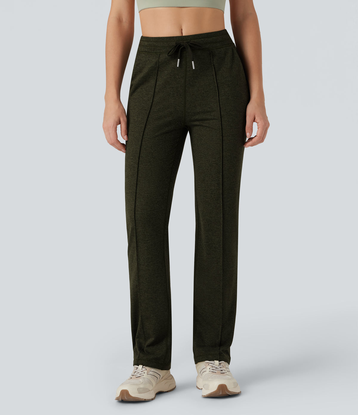 Mid Rise Drawstring Straight Leg Workout Trousers with Pockets — Shadow Moss — view 1